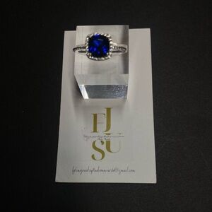 Hand Crafted Sapphire Blue Swarovski Gemstone Sterling Silver 925  Ring size 9